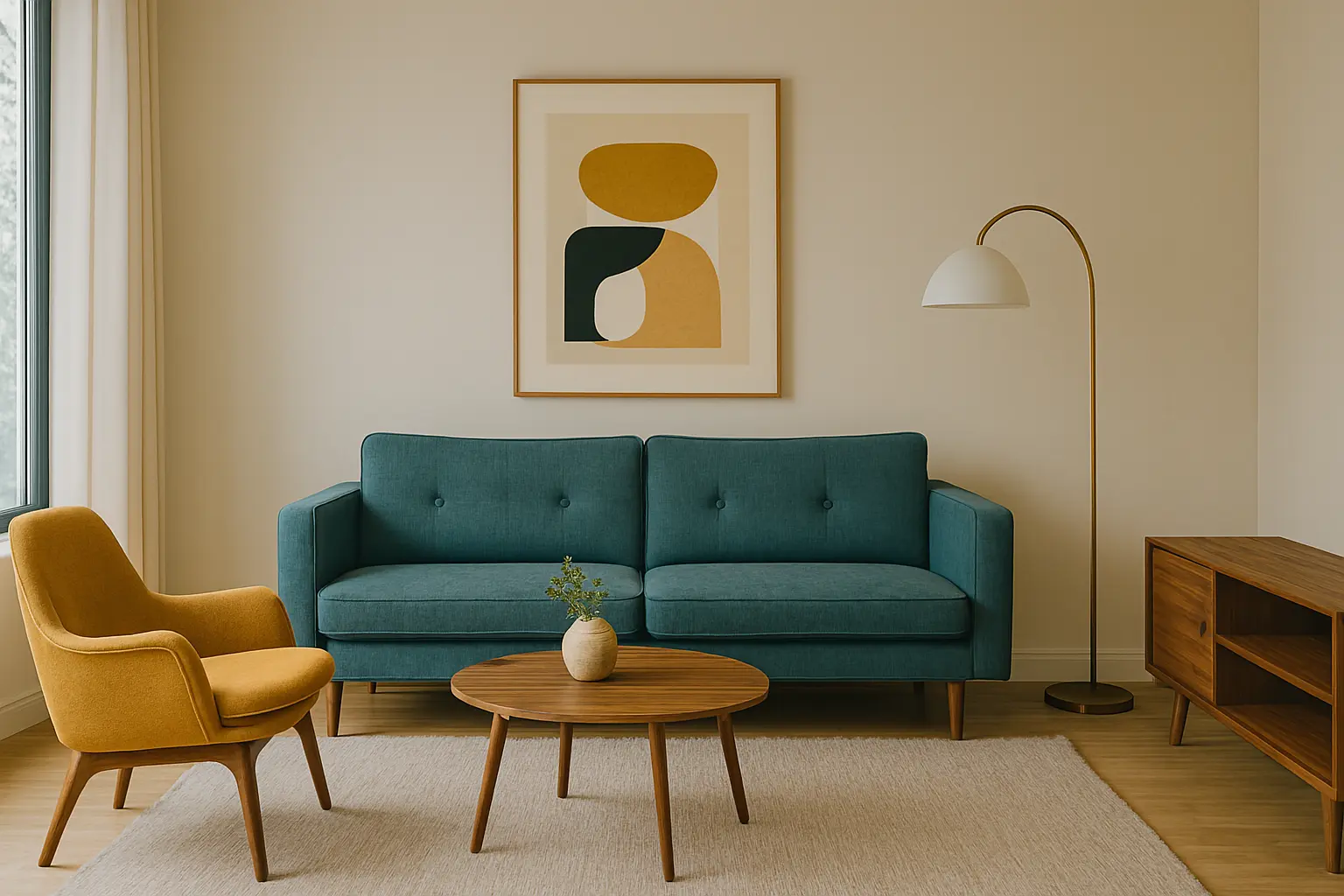AI-generated mid-century modern living room design